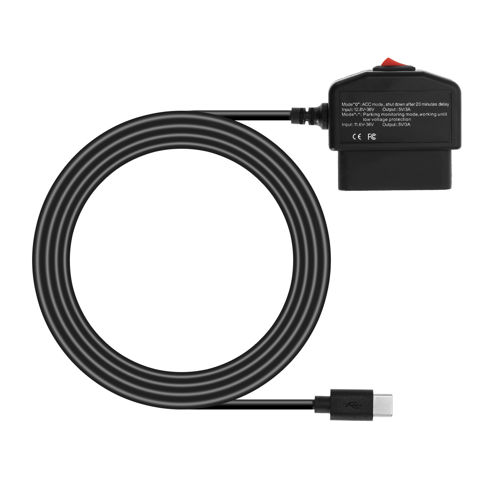 Car OBD Power Cable for Dash Camera 24 Hours Surveillance/ACC Mode USB C  Port