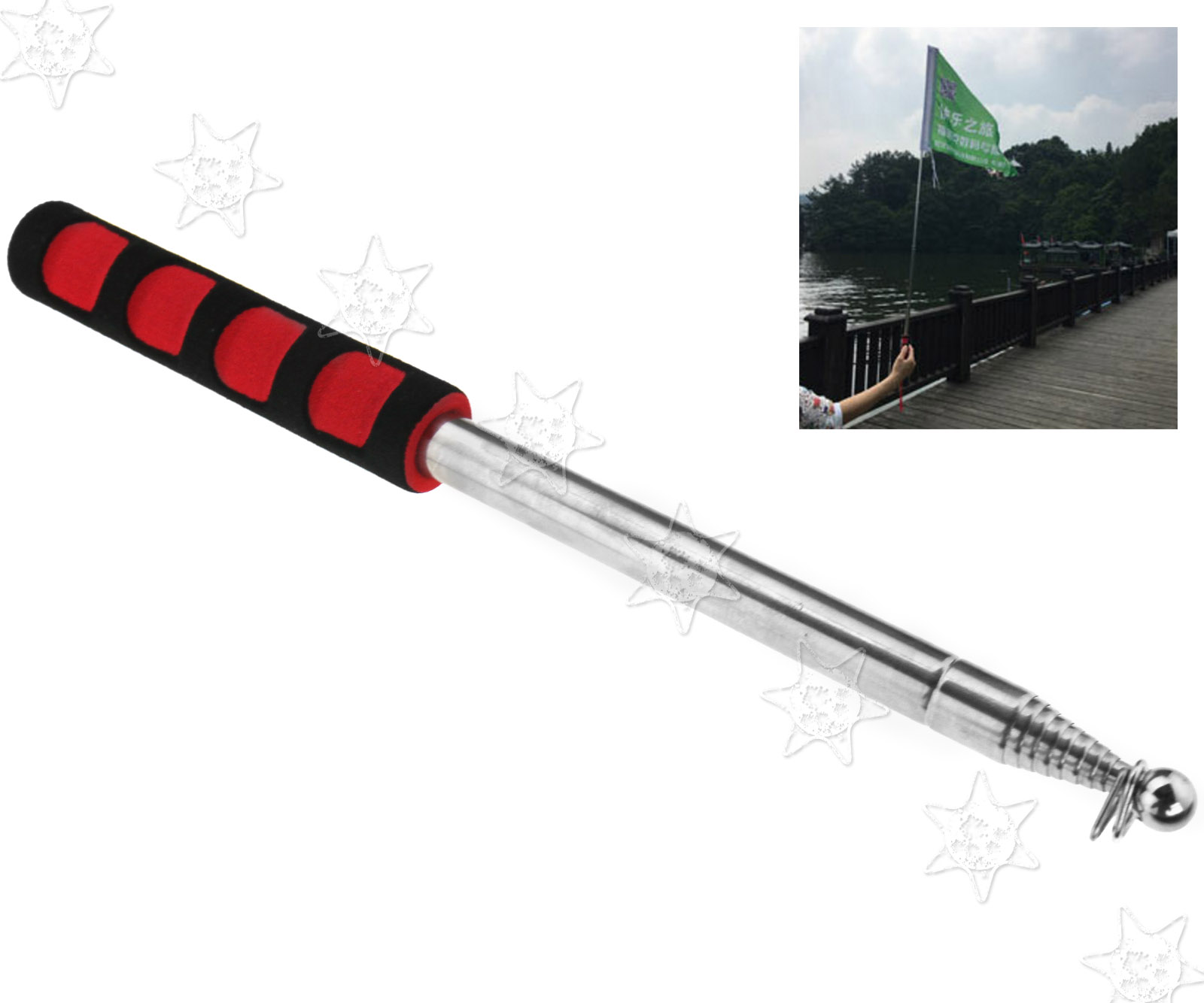 Black Red Handheld Telescopic Flag Pole 2M Extendable Portable 28 x 2.5 