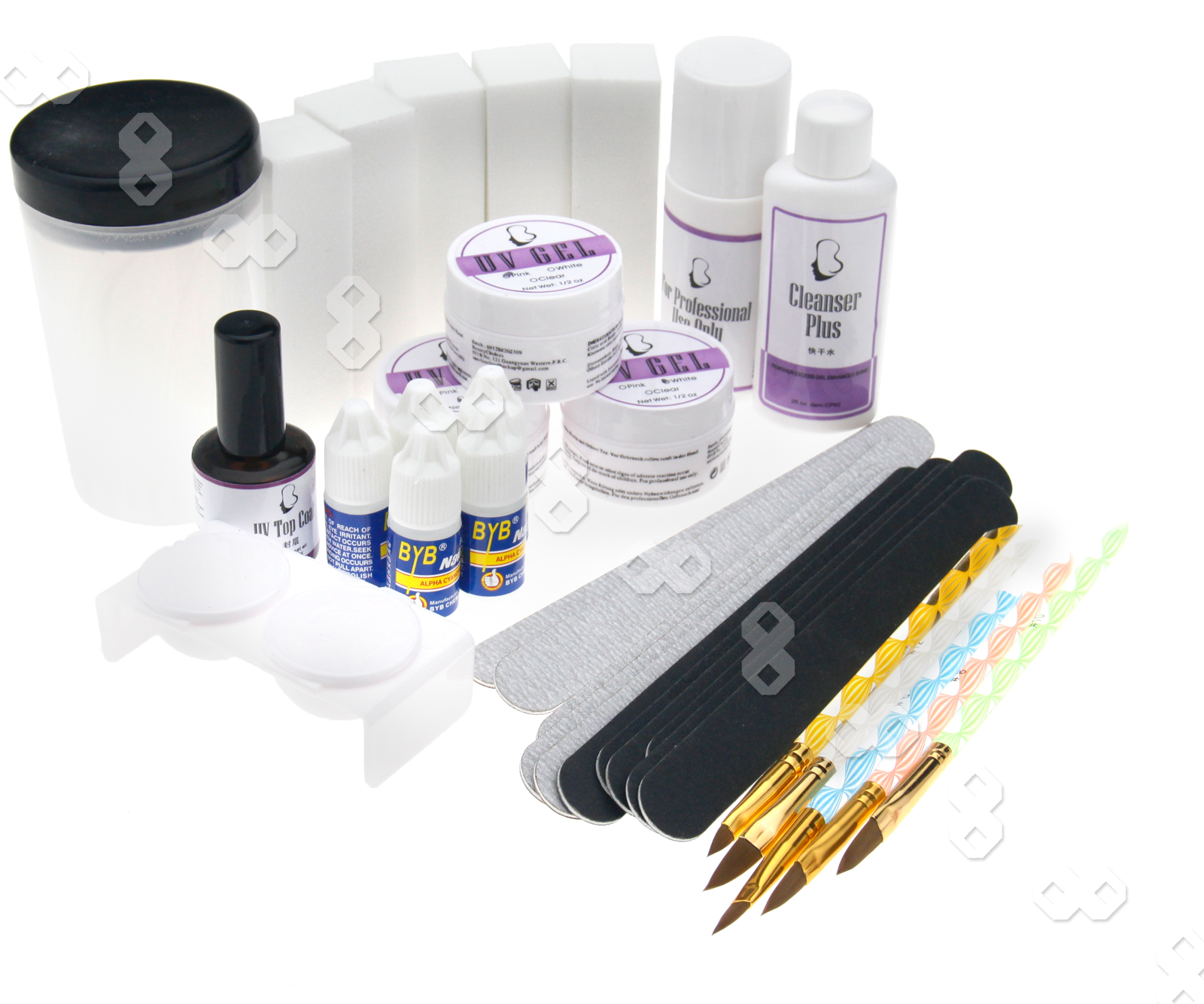 FULL SET UV GEL Nail Art False Nail Tips Glitter Powder Glue Brush Kit ...