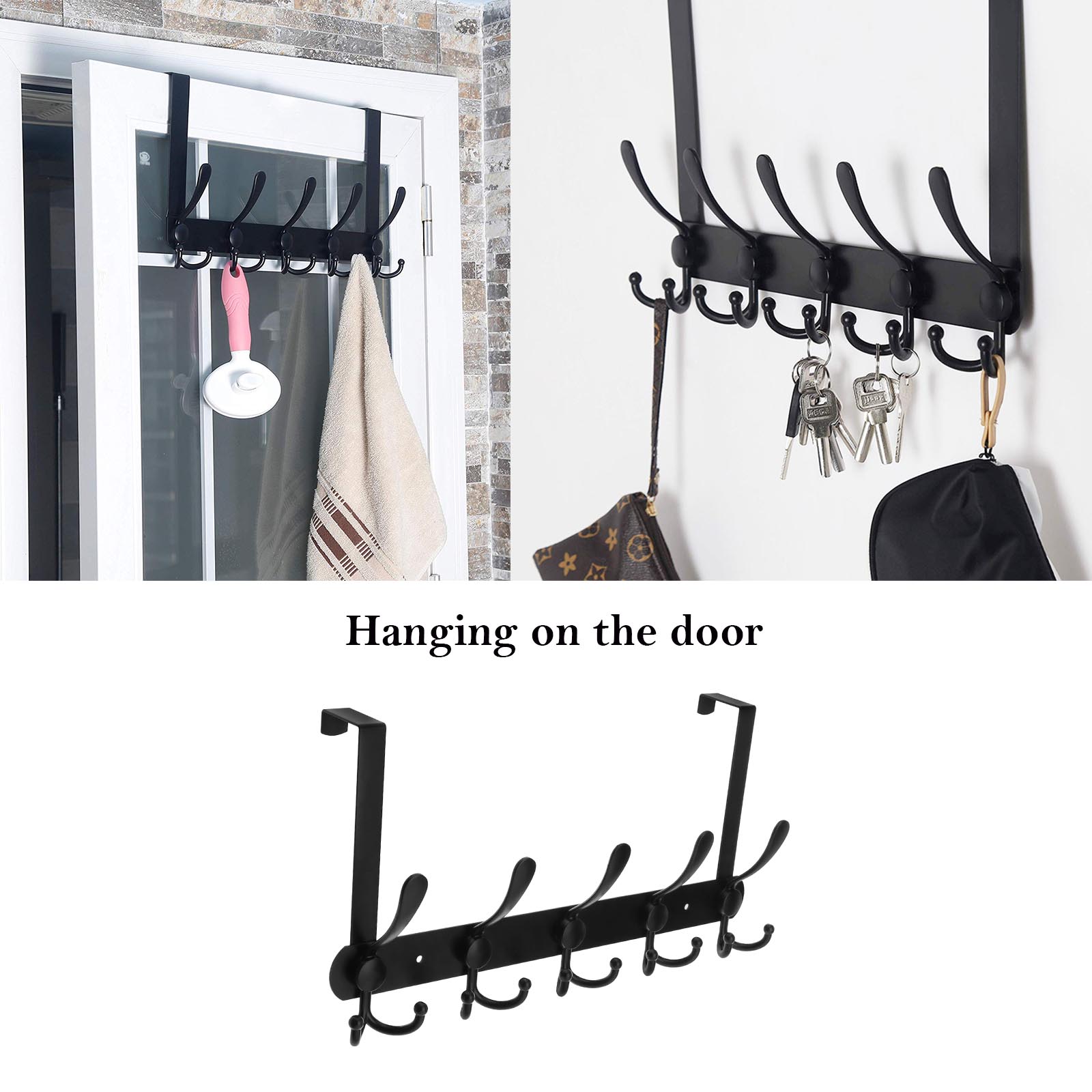 Black Over Door Hook Wall Mount Coat Rack 5 Tri Hooks Kit Two-purpose ...