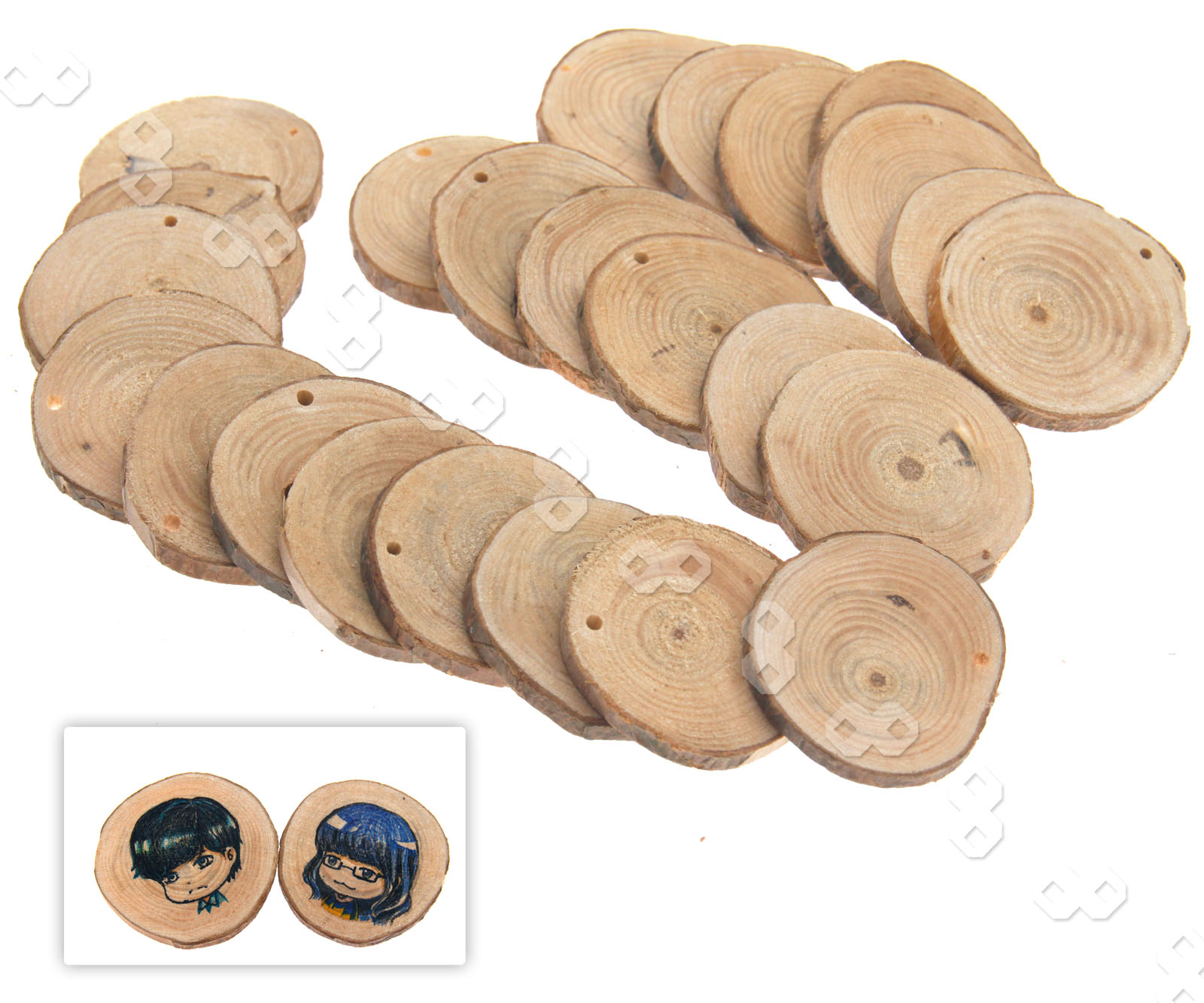 24PCS ROUND NATURAL WOOD DISCS SLICES WITH HOLE FOR DIY CRAFT HOBBIES ...