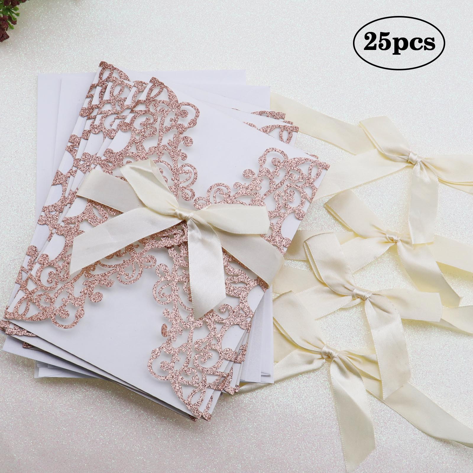 GLITTER PAPER LASER Cut Wedding Invitation Card with Ribbon ...