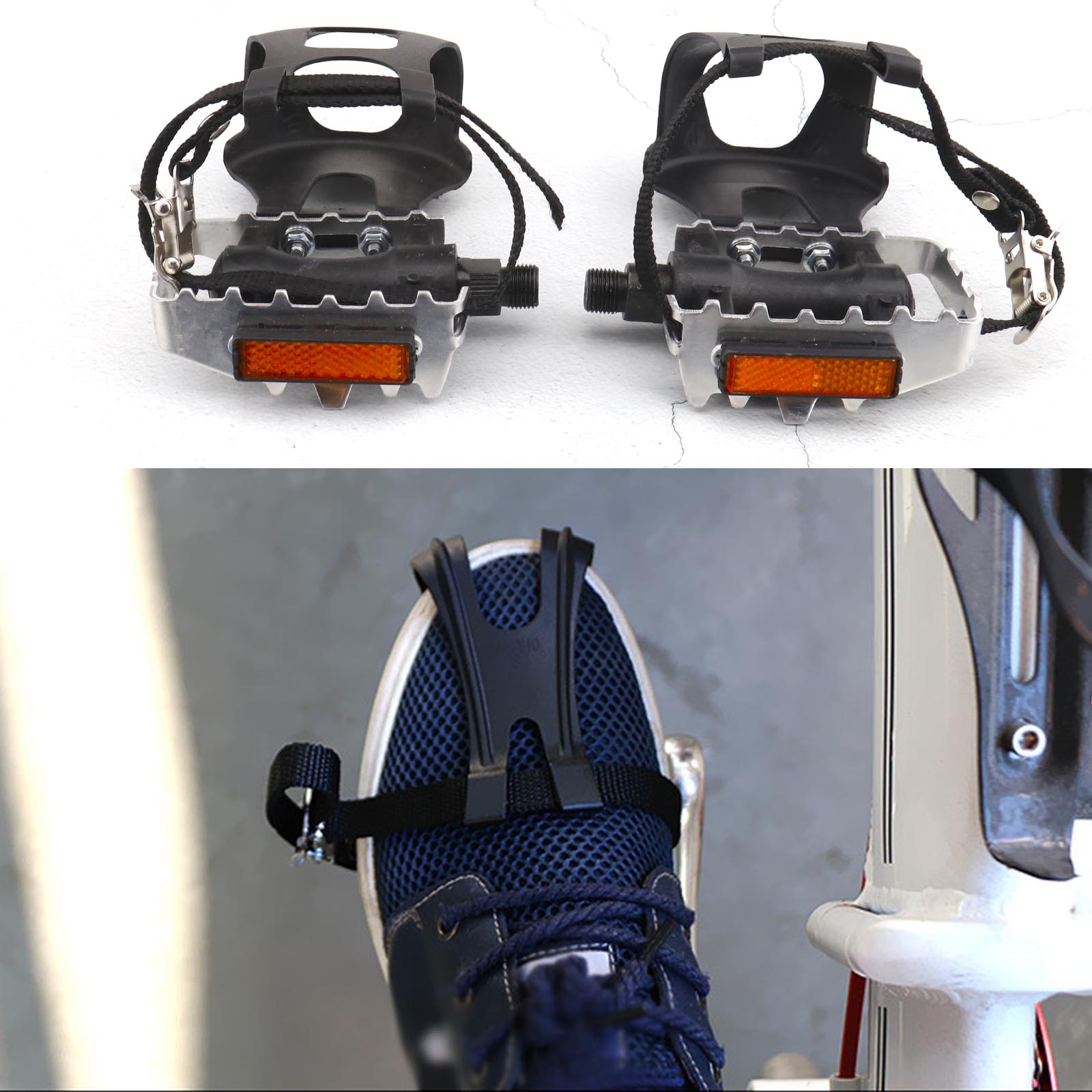 Pair Bicycle Pedal Toe Clip Cages Pedals with Strap Belts for Cycling ...