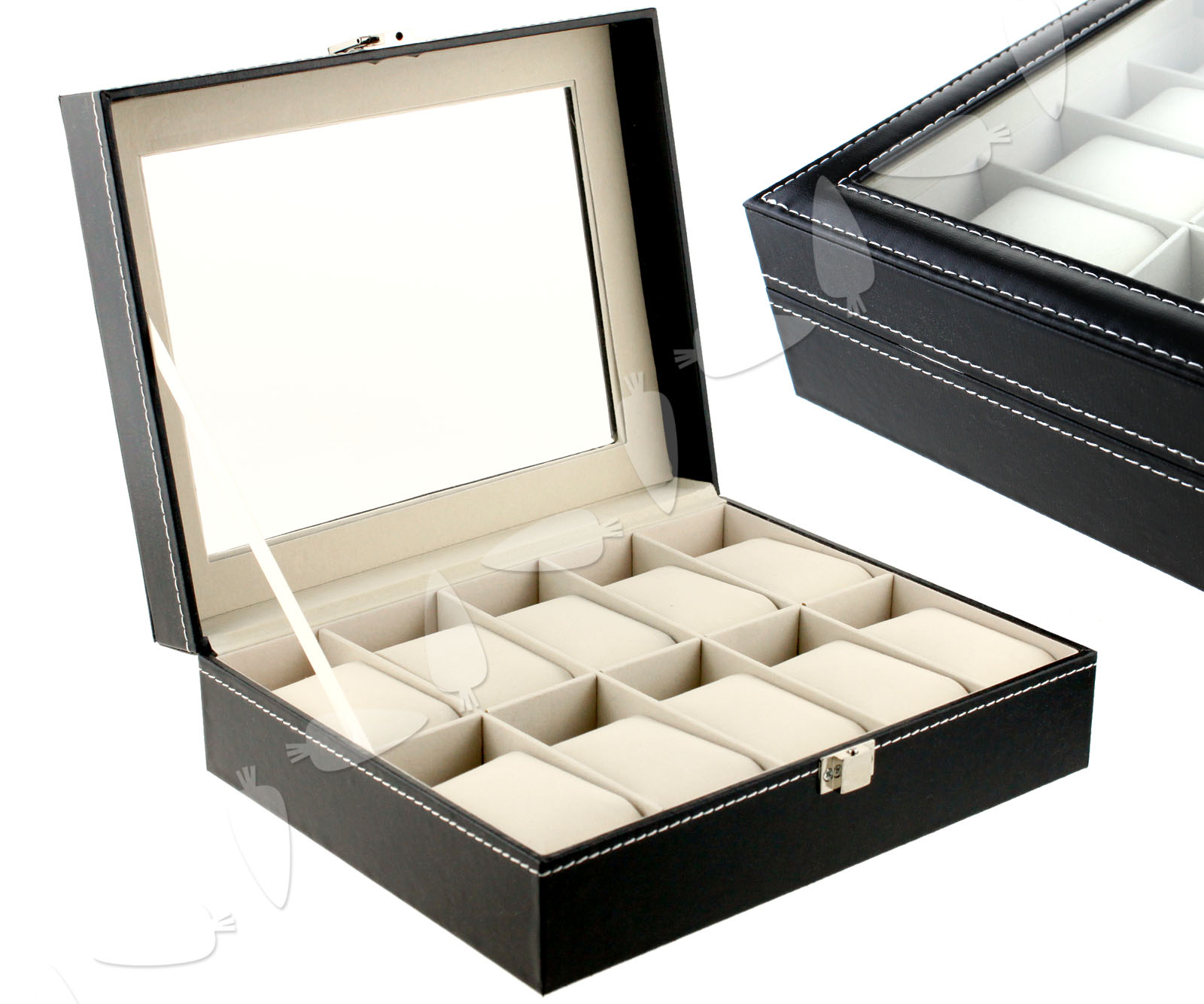 10 Slot Jewelry Showroom Black Faux Leather Velvet Iner Watch Storage ...