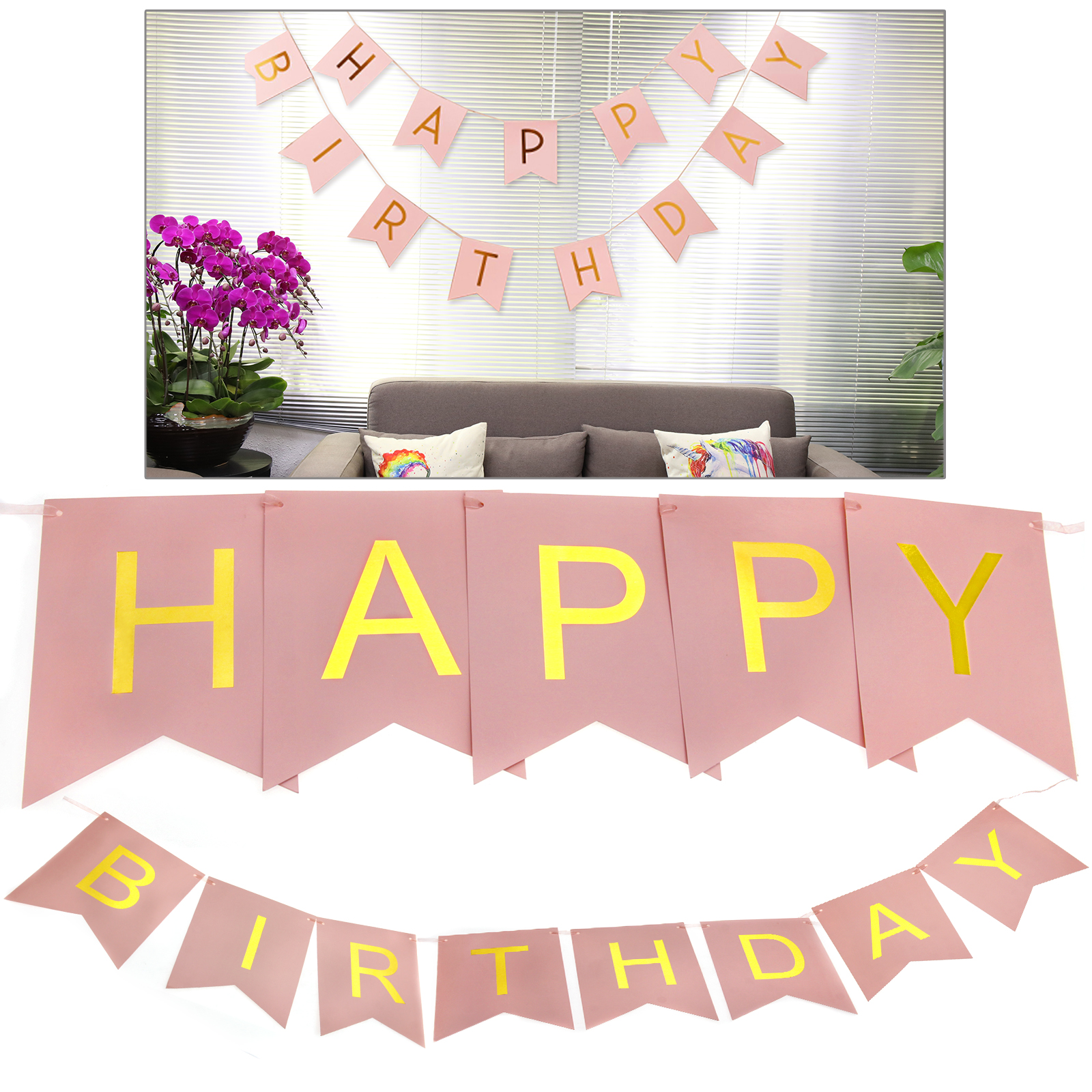 Happy Birthday Party Bunting Garland Gold Letters Hanging Banner w ...