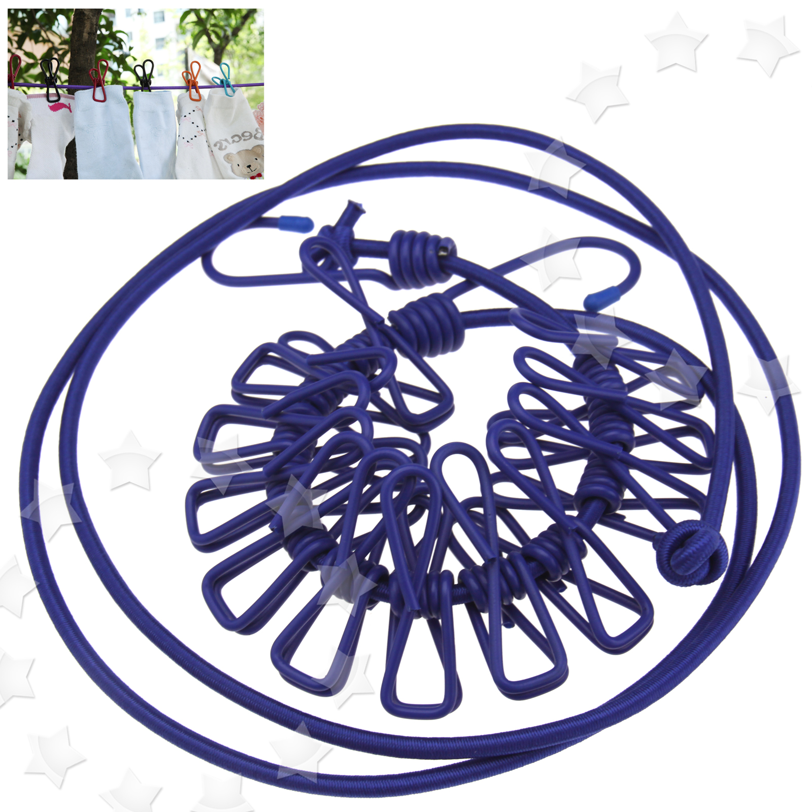 180CM ELASTIC WASHING Clothes Line With 12 Pegs Clip Camping Caravan ...